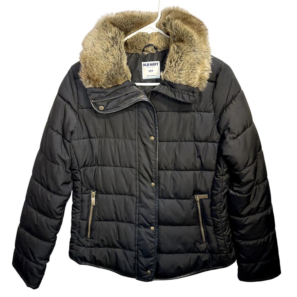 Old Navy Puffer Jacket Fur Trim Collar Womens S/P Quilted Snap Button Full Zip